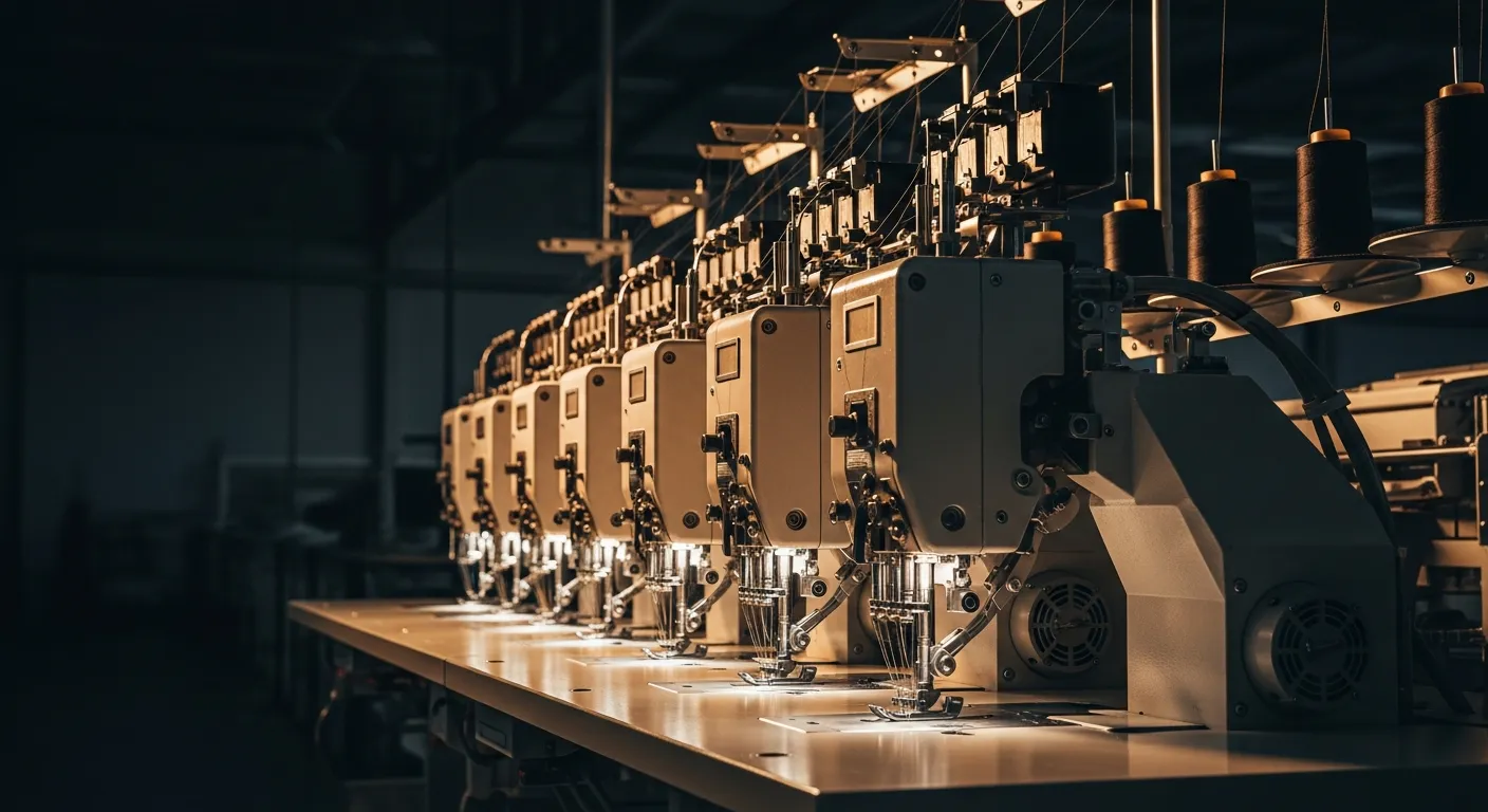 A dark factory bay of brushed-steel programmable apparel sewing workstations stitching fabric at speed