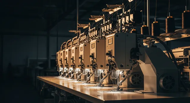 A dark factory bay of brushed-steel programmable apparel sewing workstations stitching fabric at speed