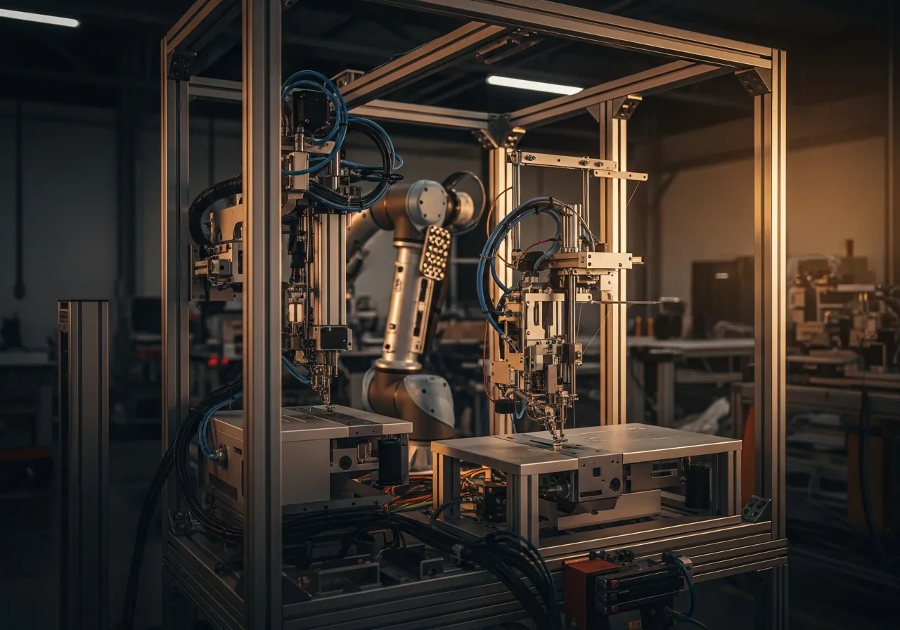 A custom automation cell under construction on a factory floor, a robotic arm beside an industrial sewing head