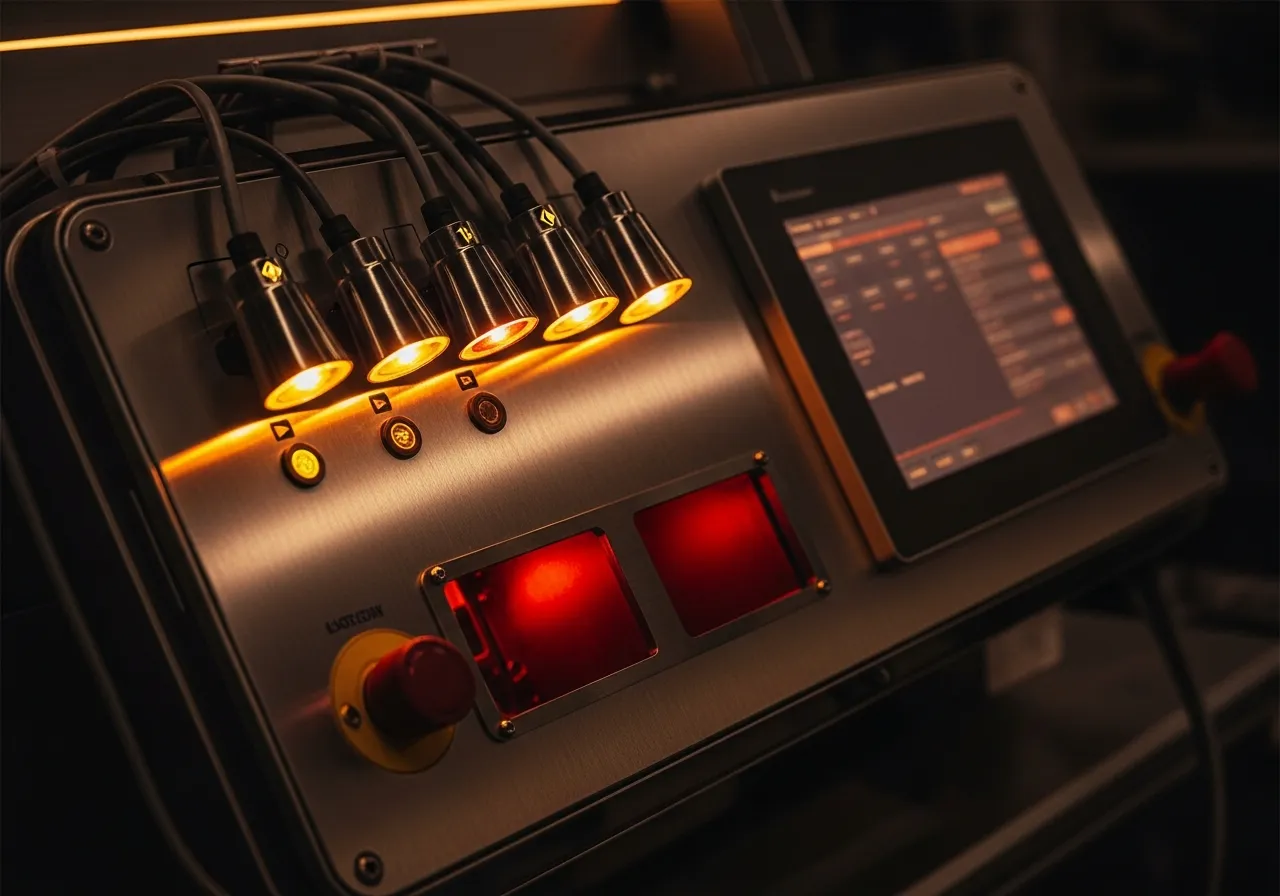 An industrial sewing automation control panel with glowing amber and red status indicators