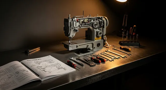 A sewing technician training bench with a partially disassembled industrial sewing machine head and tools