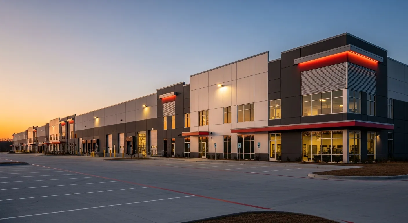 Modern industrial manufacturing facility exterior at dusk with loading docks and warm-lit windows