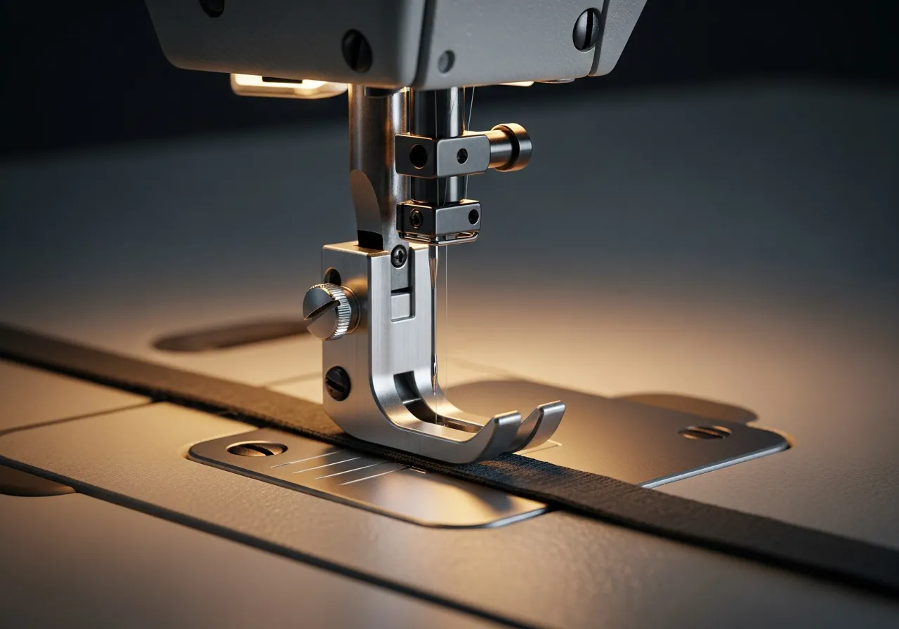 A close-up of a precision-machined steel folder guiding fabric tape into an industrial sewing needle