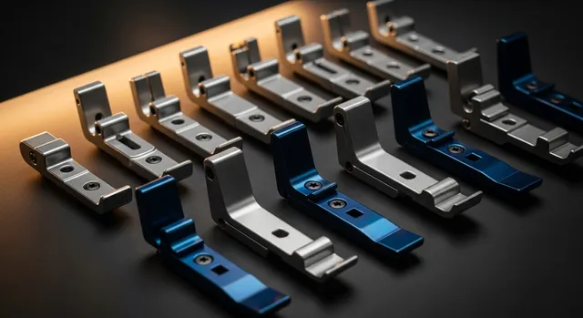 A precision-machined steel binding folder guiding fabric tape into an industrial sewing needle