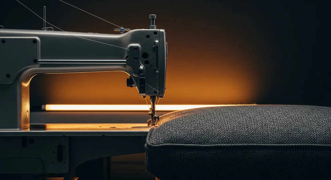 A walking-foot industrial sewing station sewing a welted cushion seam in heavy upholstery fabric