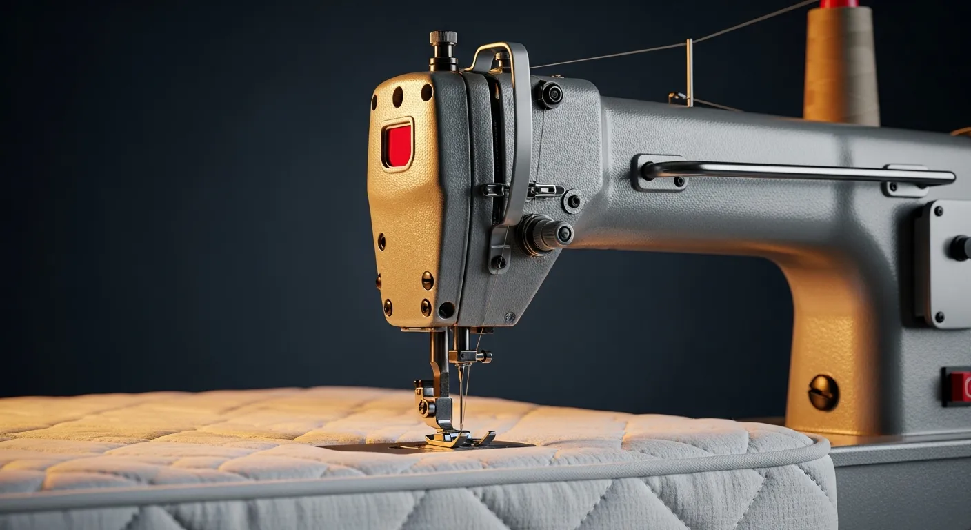 The 1390HCA Automatic Border and Handle Machine, a brushed-steel sewing machine head against a dark background