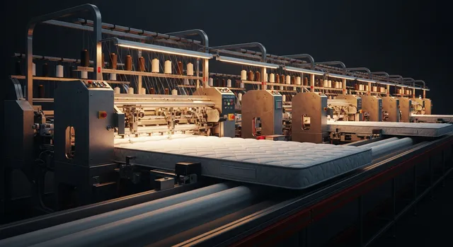 An automated mattress sewing line in a dark factory bay, brushed-steel workstations sewing a quilted panel