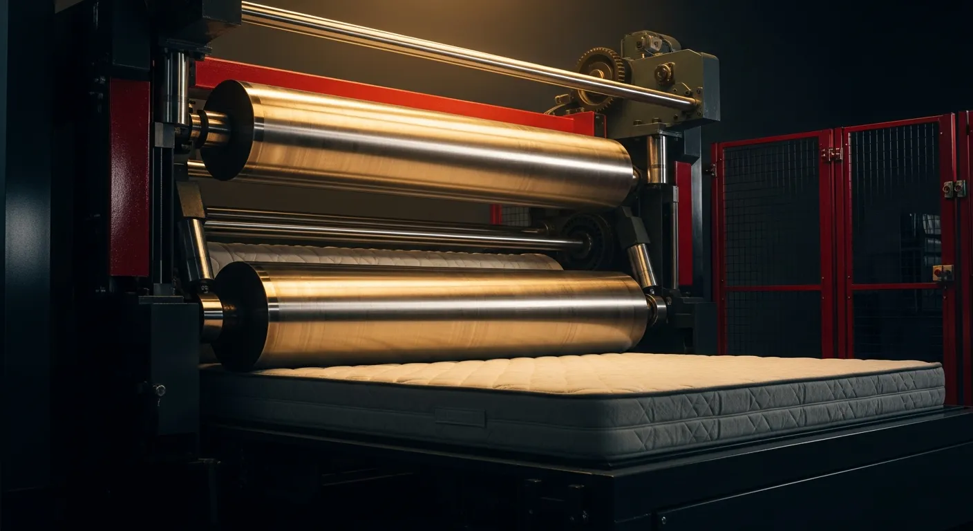 An industrial mattress roll-pack and compression packaging machine with heavy steel rollers
