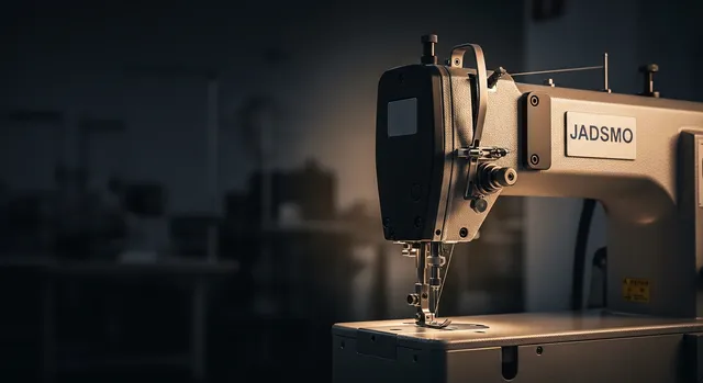 A precise brushed-steel single-needle medical sewing station under controlled clinical lighting
