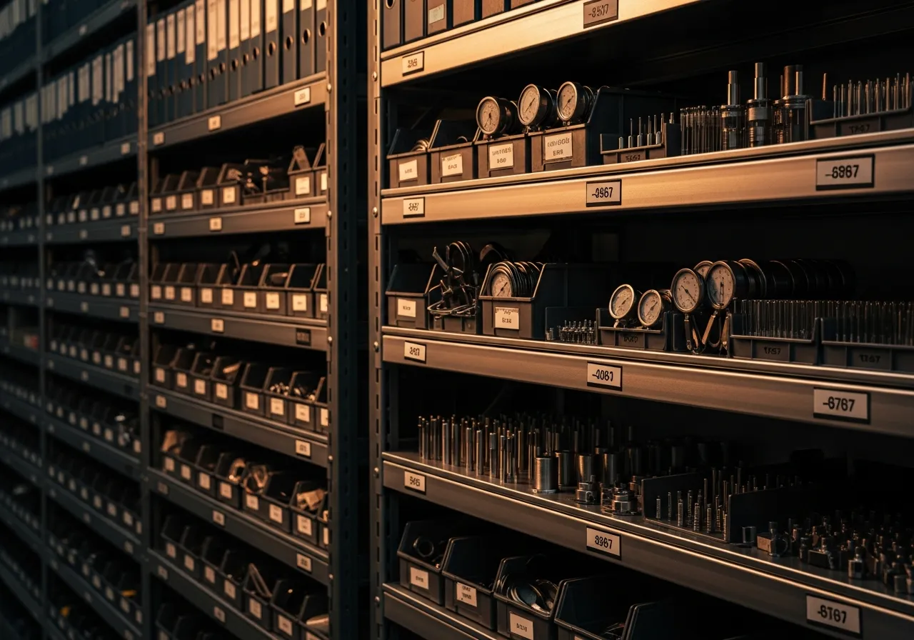 Rows of organized metal bins filled with sewing-machine replacement parts and gauges