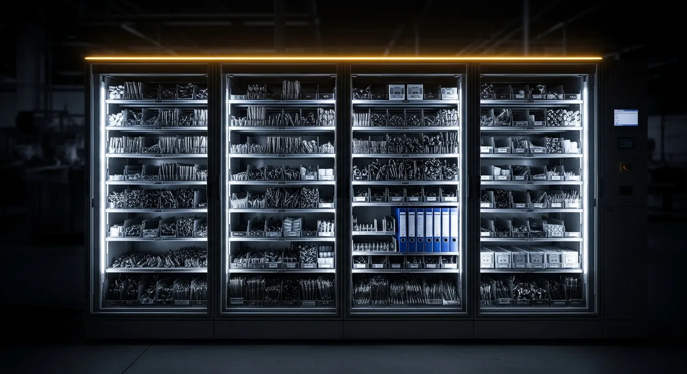 An industrial parts vending system with rows of organized steel bins of needles, gauges, and folders