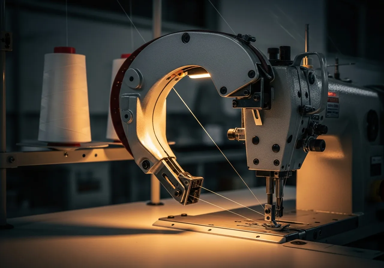 An industrial tape-edge mattress sewing machine head with a thread cone